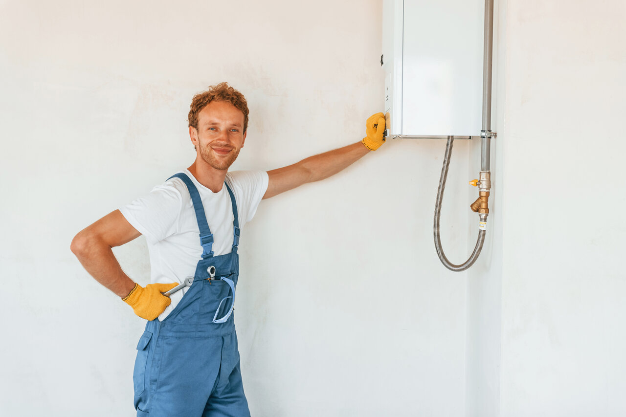 A technician in yellow gloves performing Water Heater Service In Topeka, Lawrence, KS