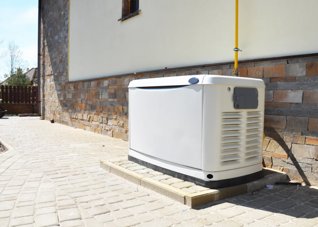 A white residential backup generator is installed on a paved area outside